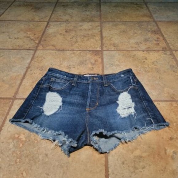 Guess Jean Shorts Blue Denim Distressed Raw Hem Triangle Logo Womens Size 28 - Picture 2 of 11